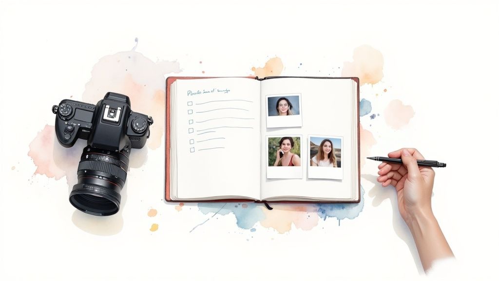 A photographer setting up their camera on a tripod to capture a scenic landscape