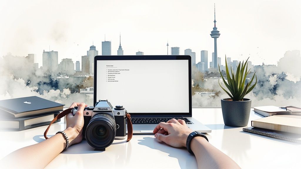 A photographer setting up a camera on a tripod to capture a cityscape at dusk.