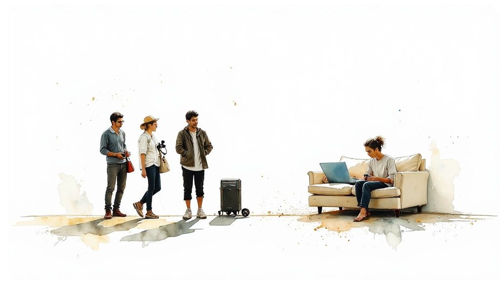 A person working on a laptop with a camera on the desk, illustrating online photography learning.