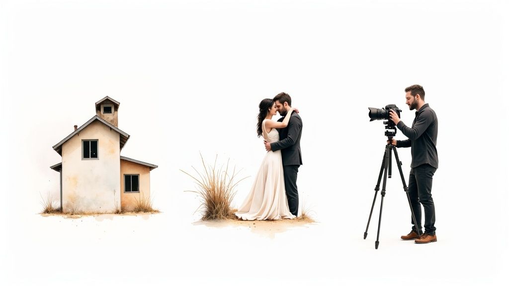 A photographer taking photos at a wedding reception in New Zealand.