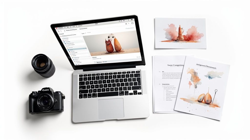 A person editing photos on a laptop with a camera and lens on the desk.