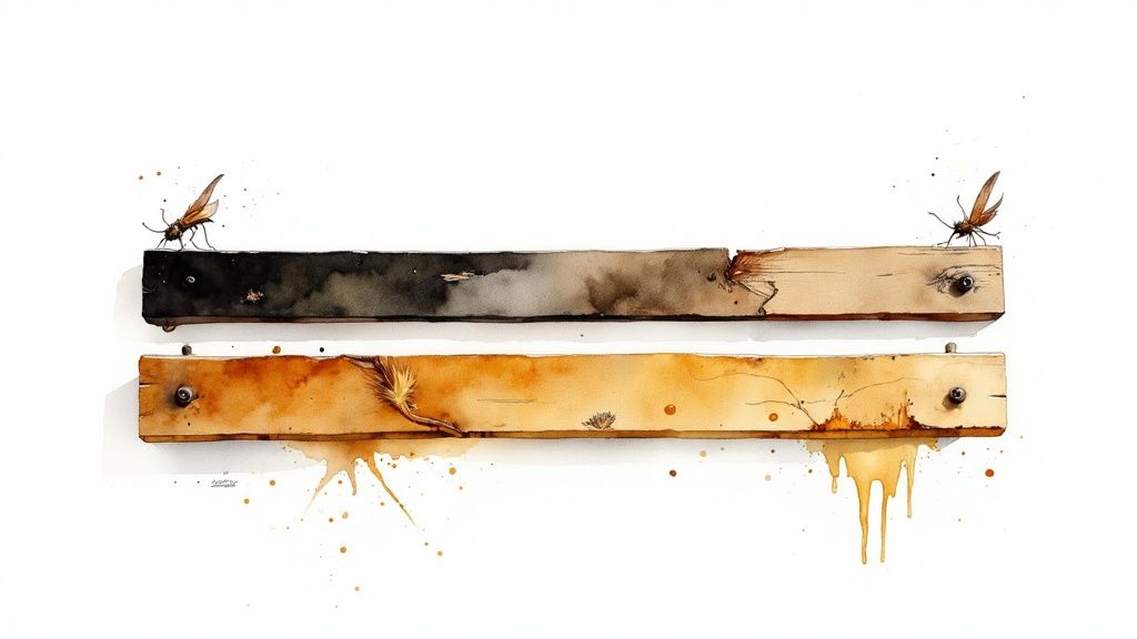 Stack of treated timber planks ready for construction