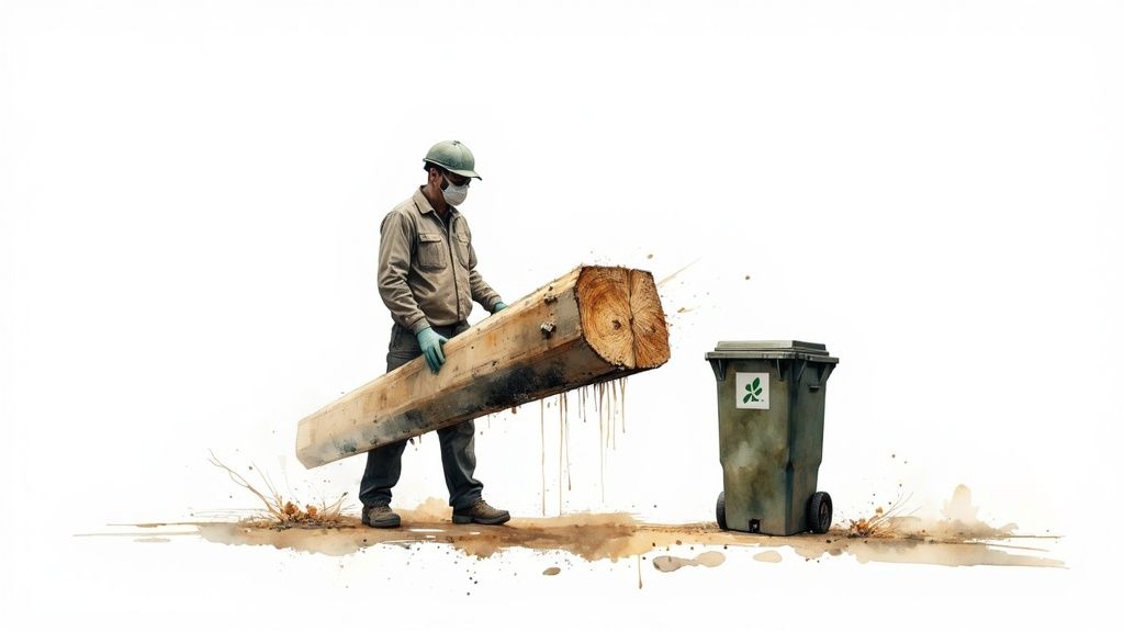 Worker wearing gloves and a mask while cutting treated timber