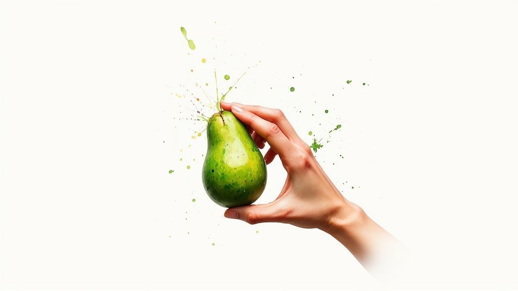 A person's hand holding a ripe avocado and checking the stem.