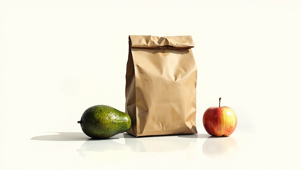 An avocado, banana, and apple next to a brown paper bag.