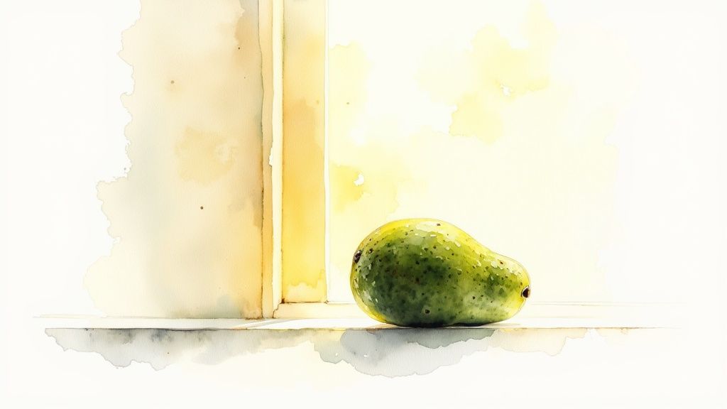 An avocado wrapped in foil next to an oven.