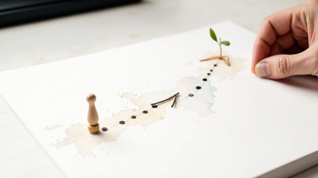 A team collaborating around a table, pointing at charts and graphs, with lightbulbs illuminating above them.