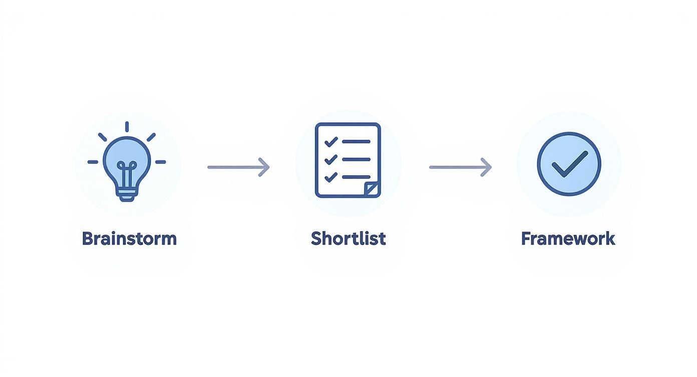 Infographic showing the naming process from Brainstorm, to Shortlist, to using a Framework for checks.
