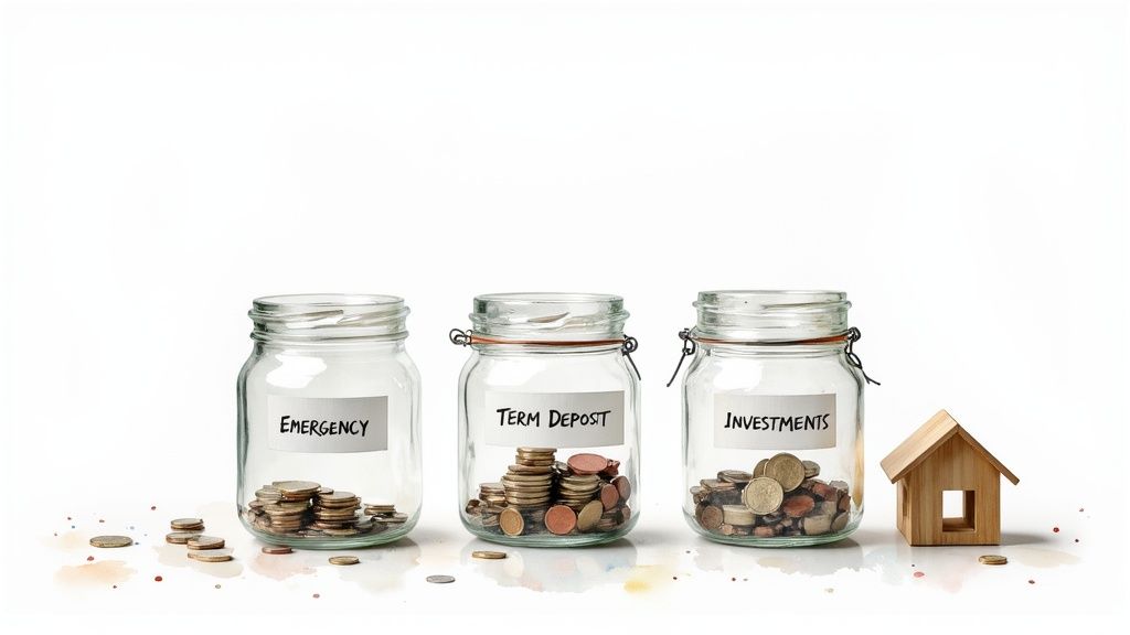 A clear glass jar being filled with coins, set against a calm, green background symbolising growth and security.