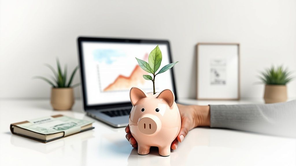 A person dropping coins into a piggy bank, symbolizing smart saving and investment.