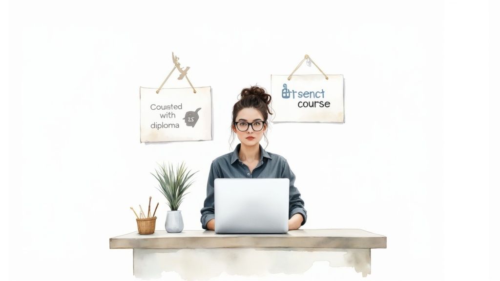 A person sitting at a desk with a laptop, looking at an online course.