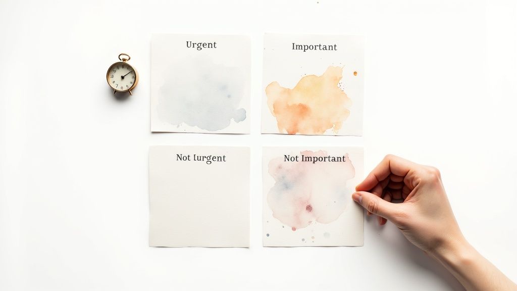 Hand organizing tasks using Eisenhower Matrix with urgent, important, not urgent, not important quadrants and clock