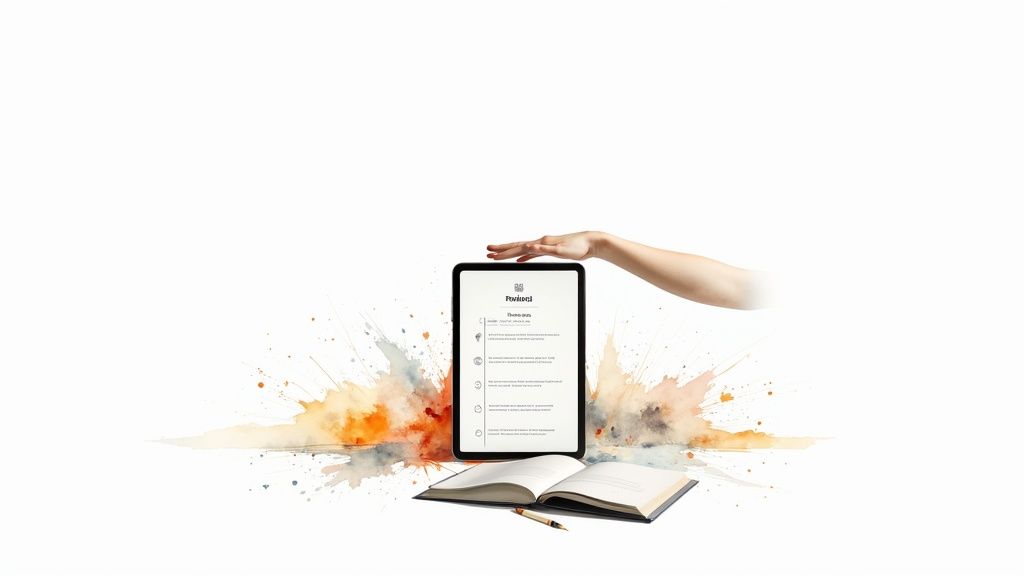 Hand hovering over digital tablet displaying checklist beside open notebook with artistic watercolor splash