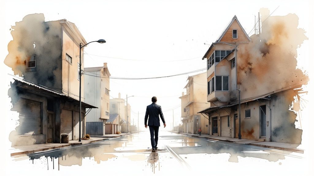 Businessman walking alone down empty urban street in cinematic watercolor illustration style