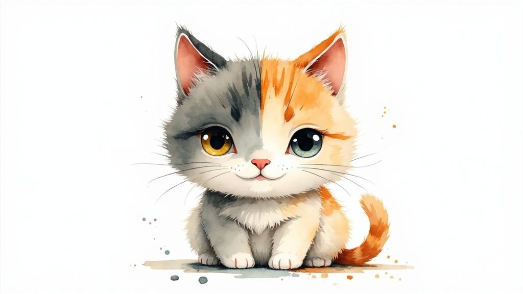 Adorable watercolor illustration of a fluffy calico kitten with big expressive eyes sitting