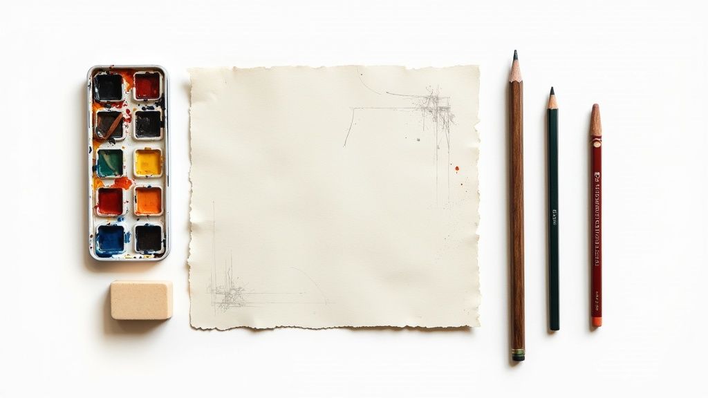 Watercolor paint palette with pencils and blank paper on white background flatlay