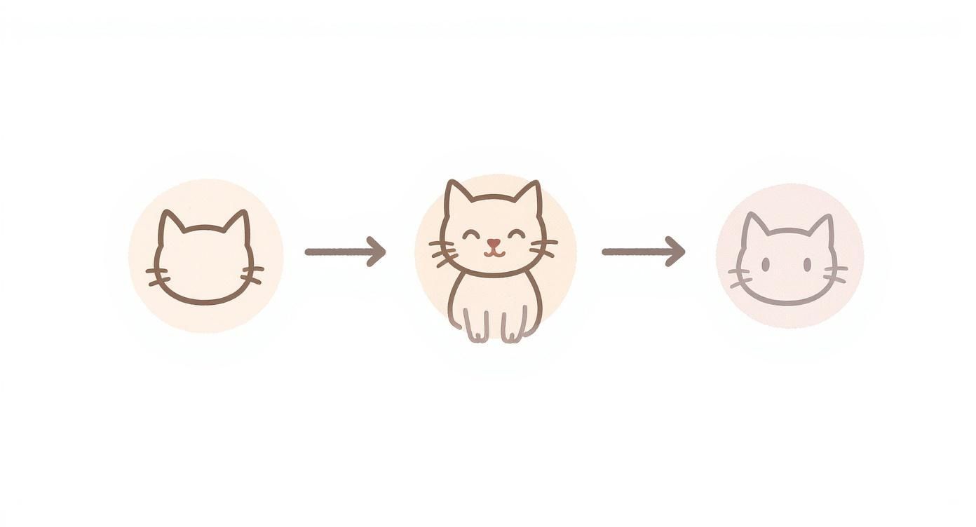Three step progression showing cute cat illustration from simple outline to full body drawing
