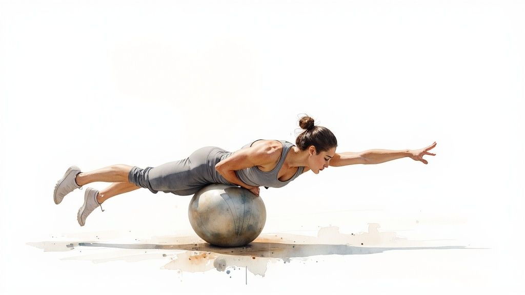 Woman balancing on stability ball performing superman exercise with extended arms and legs
