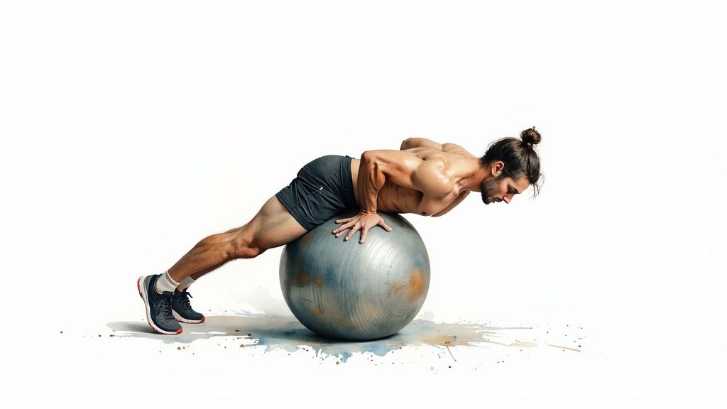 Athletic man performing core strengthening exercise on stability ball in plank position