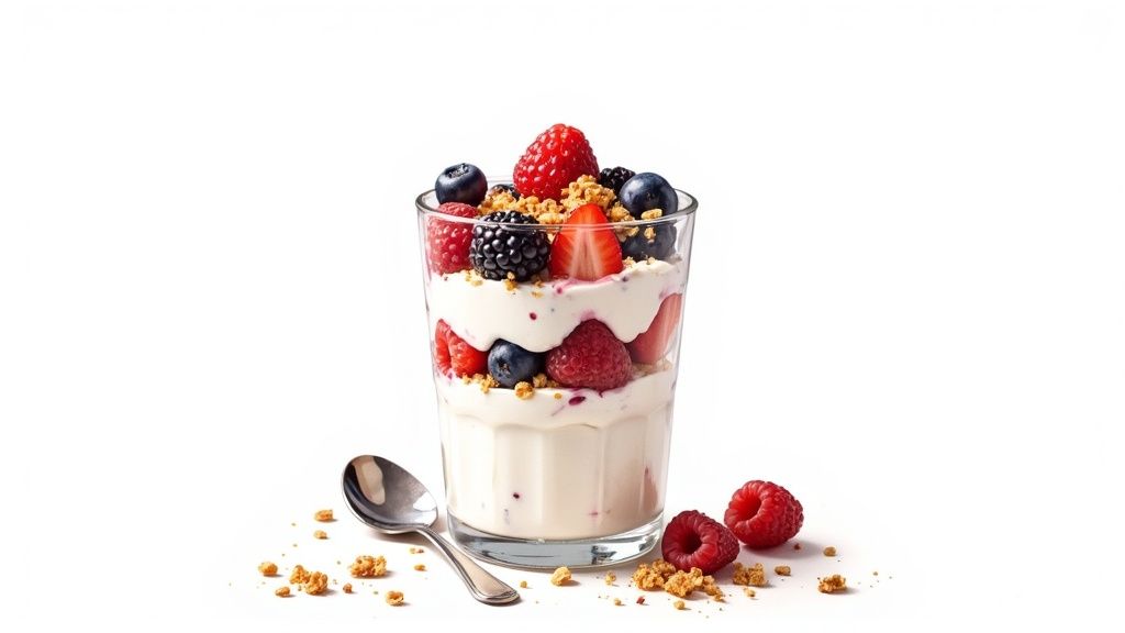 Layered yogurt parfait with mixed berries, granola, and fresh fruit in clear glass