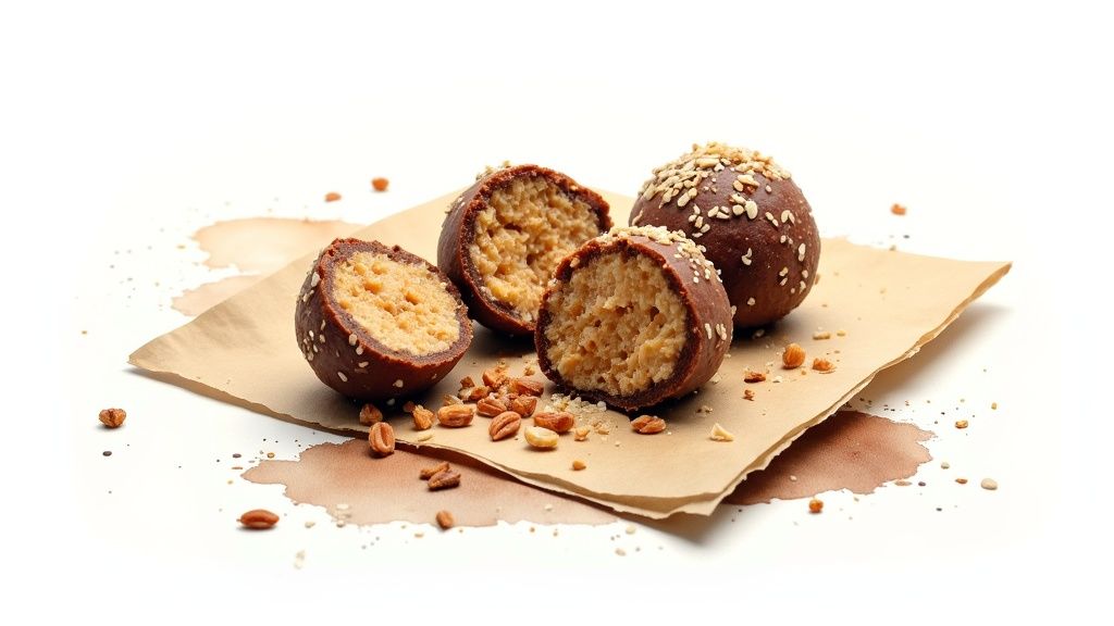 Chocolate-covered protein energy balls with sesame seeds and nut pieces on parchment paper