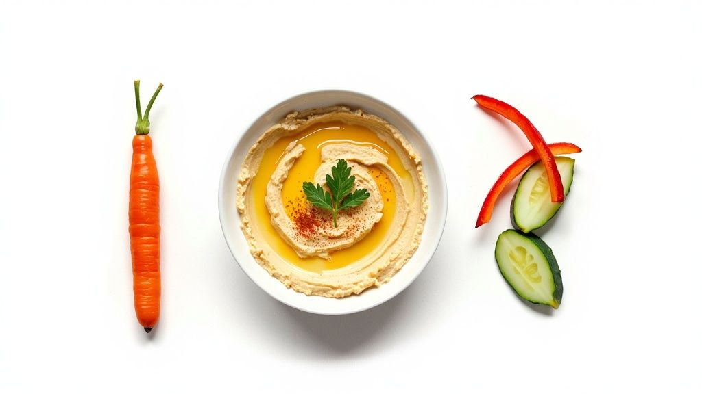 Creamy hummus bowl with olive oil drizzle served with fresh carrot and cucumber slices
