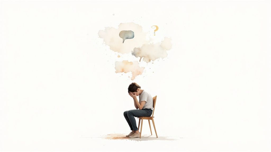 A person sits distressed with watercolor thought bubbles and a question mark above their head.