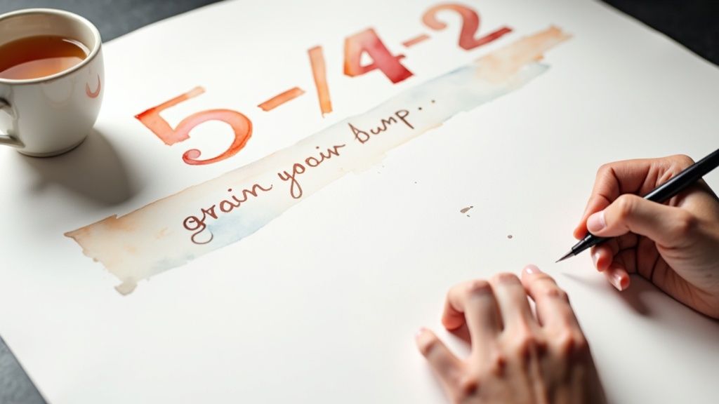 A person's hands write on paper with watercolor text '5-1/4-2' and 'grain your bump', next to a tea cup.