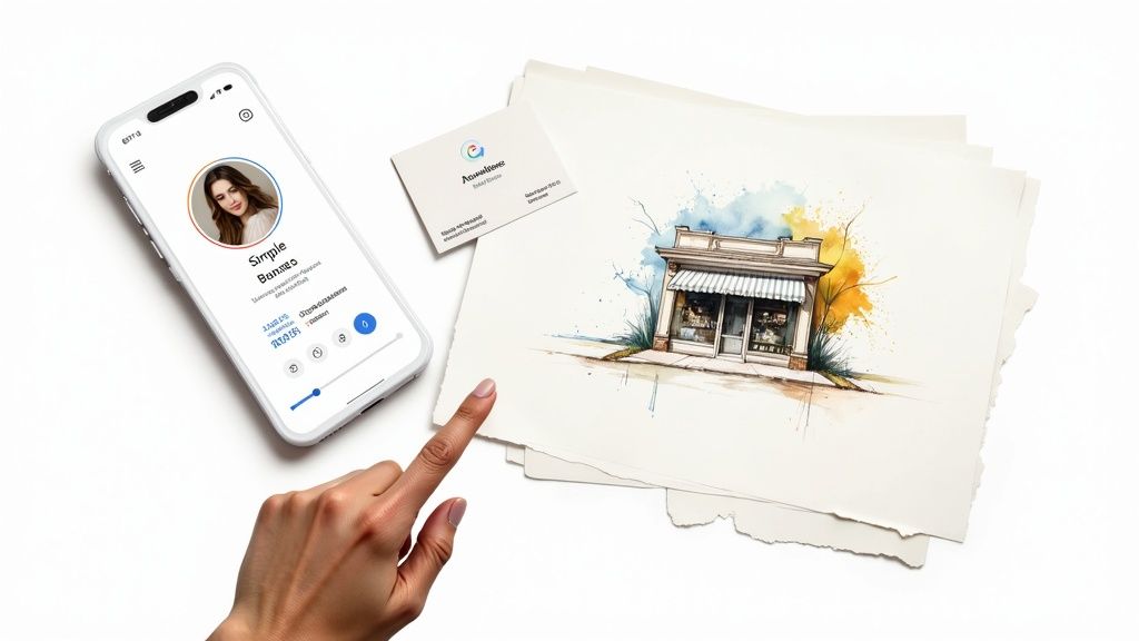 A hand points at a smartphone displaying a profile, next to a watercolor art print of a small shop and a business card.
