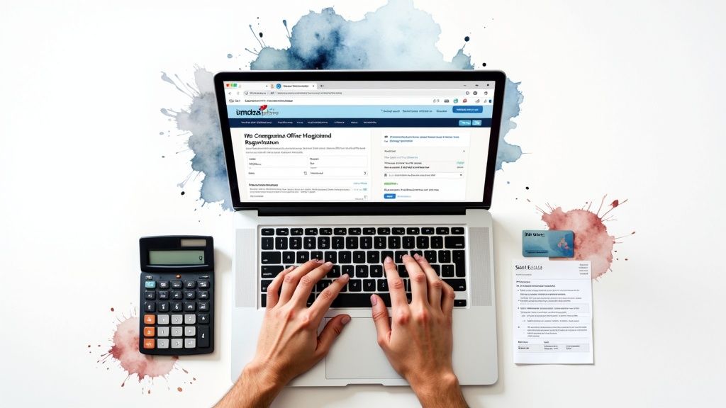 Hands typing on a laptop displaying a registration form, with a calculator and documents on a desk.