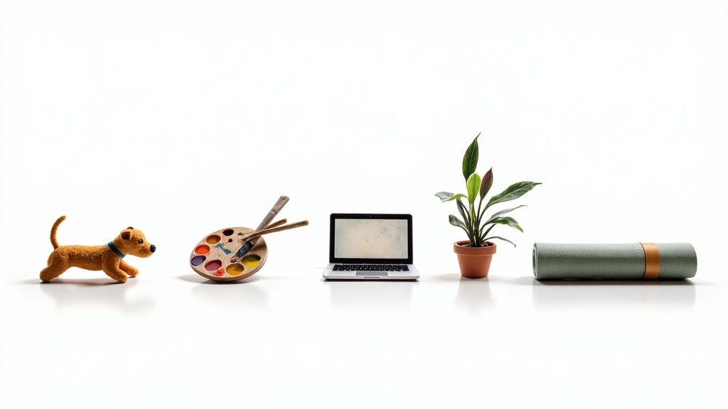 A white background features a toy dog, paint palette with brushes, a laptop, a potted plant, and a rolled yoga mat.