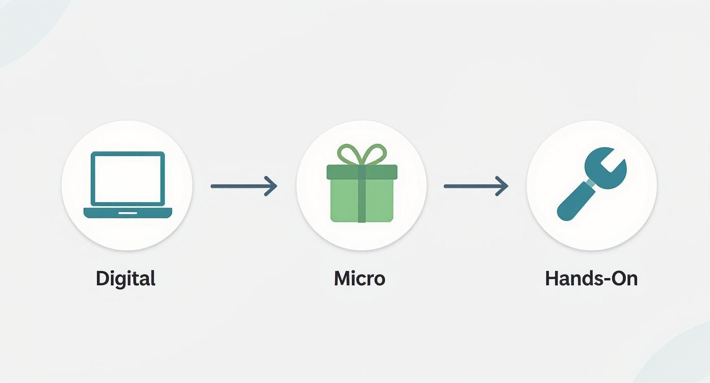 A diagram illustrating a progression from Digital (laptop) to Micro (gift) to Hands-On (wrench).