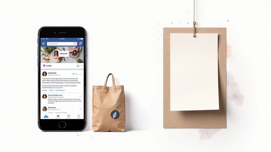 Smartphone displaying social media, a branded tote bag, and a blank hanging paper for marketing.