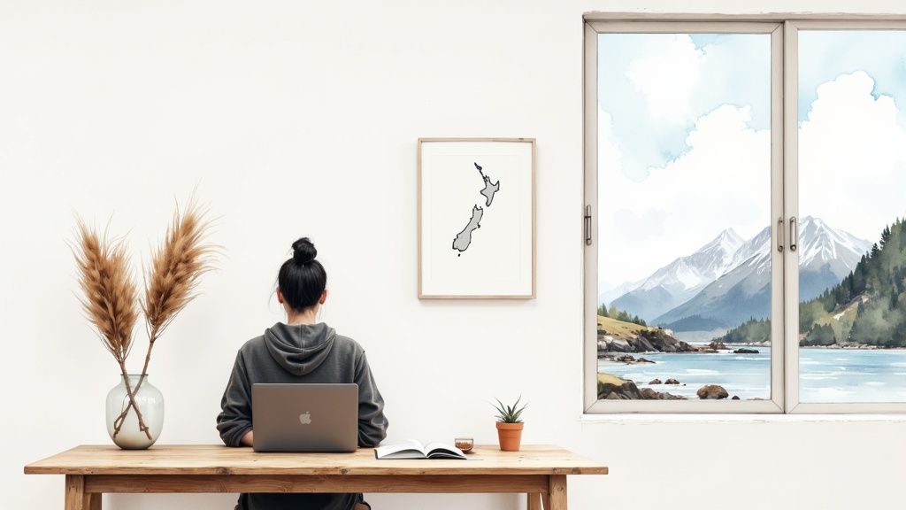 A person works on a laptop at a wooden desk, with a New Zealand map on the wall and a scenic window view.