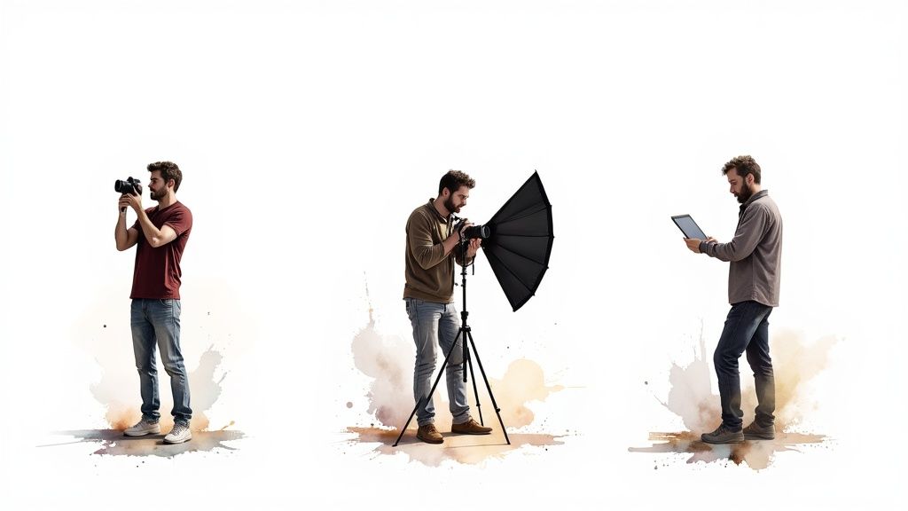 A man demonstrating different photography actions: shooting, adjusting lighting, and reviewing on a tablet.