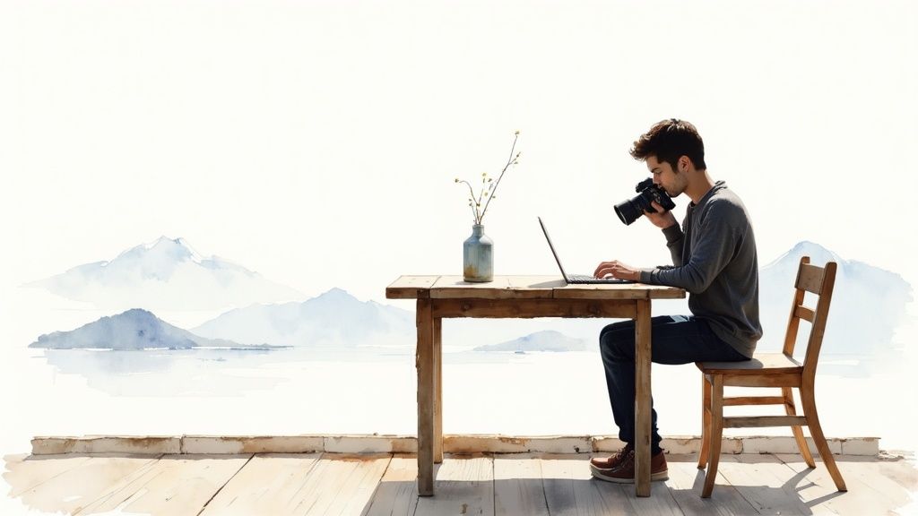 A man sits at a wooden table with a laptop and camera, overlooking a scenic watercolor landscape.