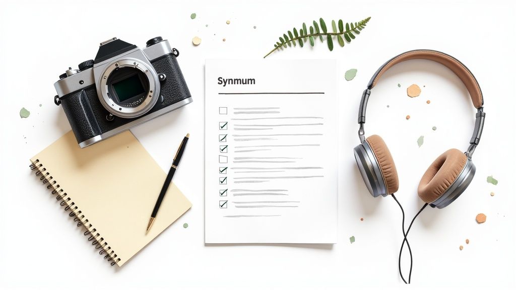 Overhead view of a photographer's desk with a camera, notebook, checklist, and headphones on white.