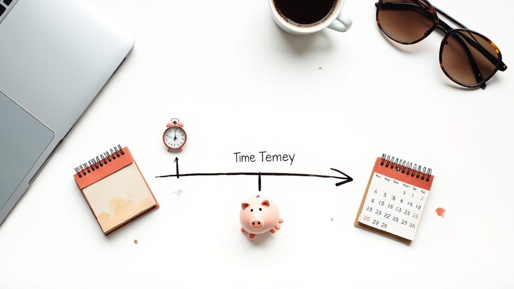 A flat lay of a desk with a laptop, coffee, sunglasses, alarm clock, piggy bank, and notebooks, illustrating time management.
