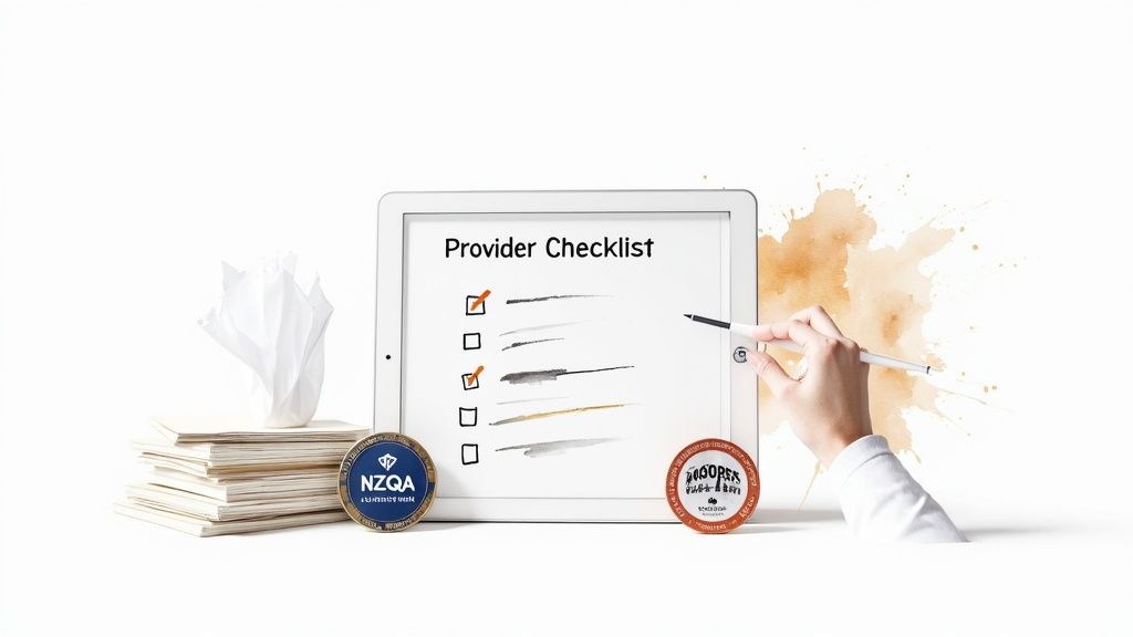 Hand checks items on a 'Provider Checklist' on a tablet, with NZQA and Hoopers Fudge badges.