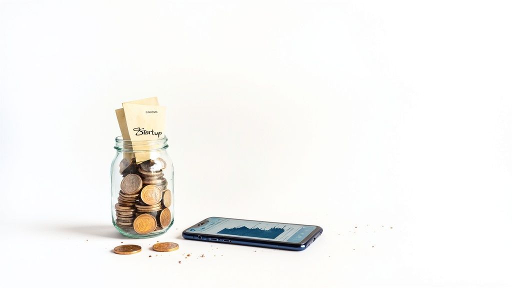 A glass jar full of coins with a 'Startup' note, next to a smartphone displaying financial graphs.