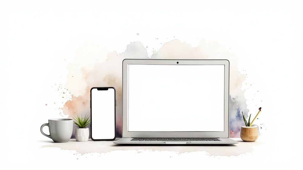 A clean workspace featuring a laptop, smartphone, coffee mug, and plants on a white background with watercolor accents.