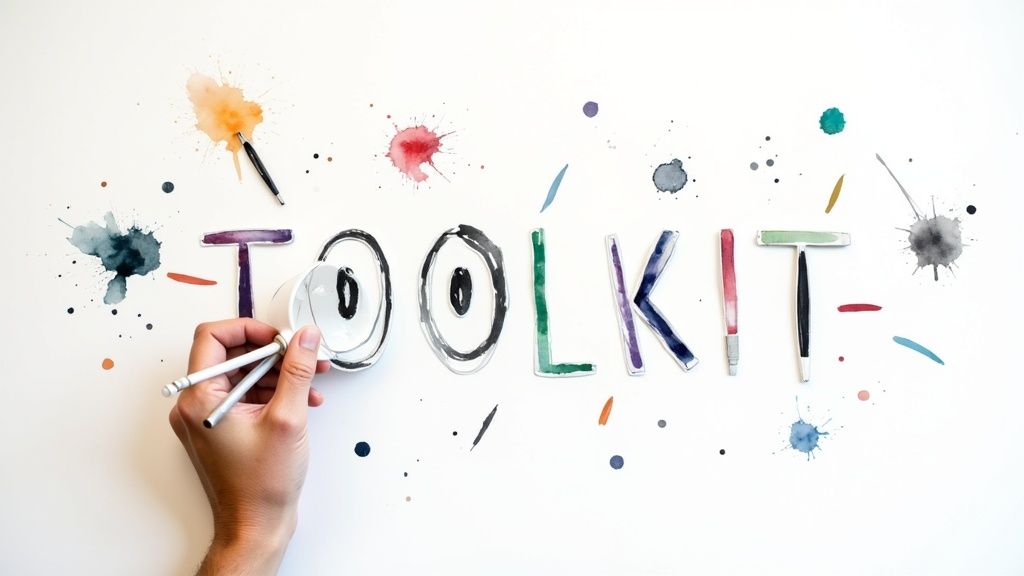 Hand arranging watercolor letters forming 'TOOLKIT' with colorful paint splatters on a white background.