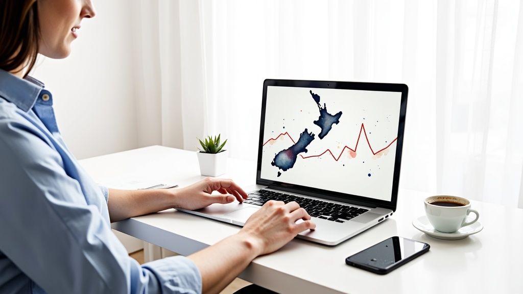 A person works on a laptop displaying a New Zealand map and a graph, with coffee and phone nearby on a white desk.