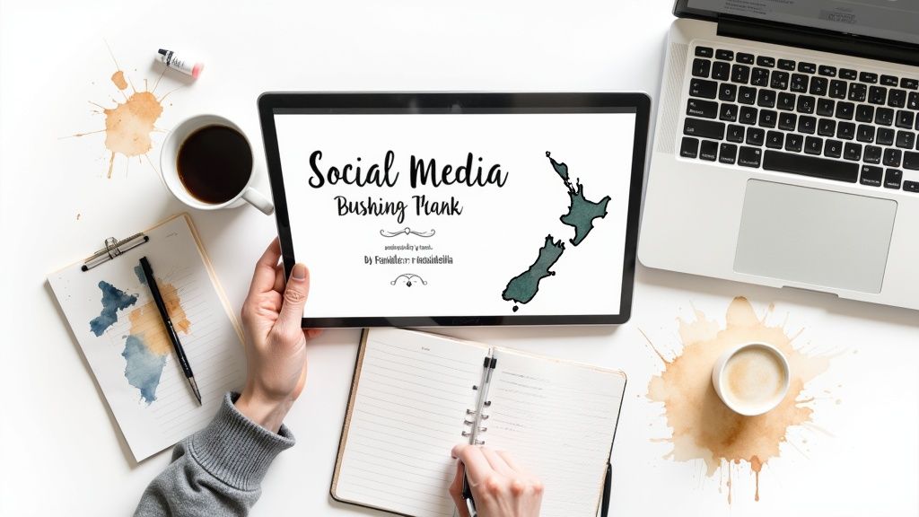 Overhead shot of hands holding a tablet with 'Social Media Bushing Prank' and New Zealand map, amidst office supplies.