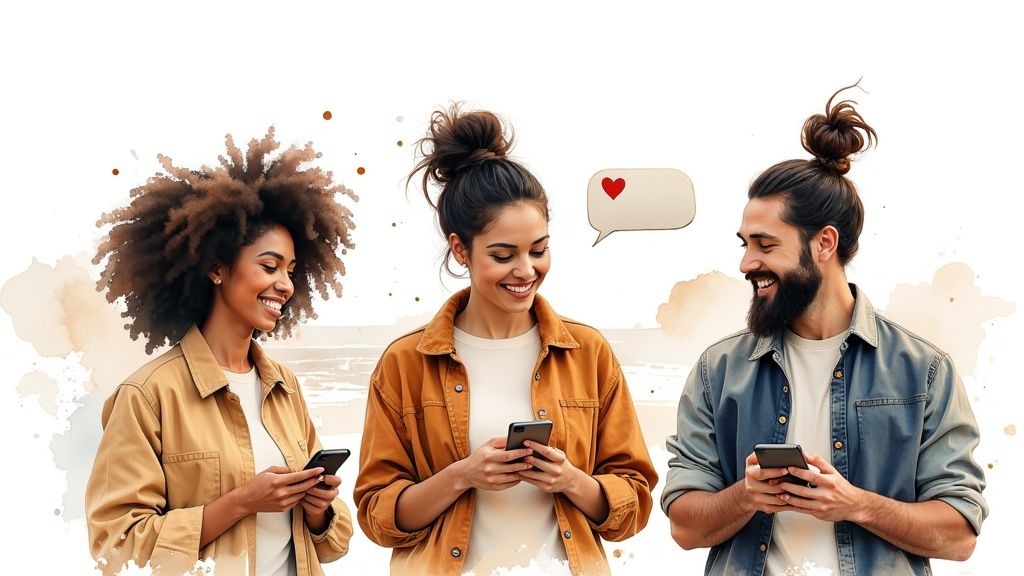 Three diverse young people smiling and engaging with their smartphones, with a heart message bubble.