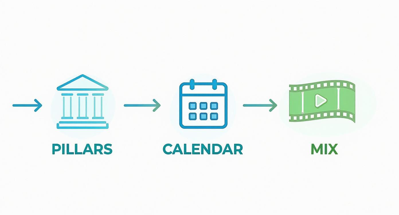A diagram illustrating a content creation flow: starting with pillars, moving to calendar scheduling, and ending with mixed media output.