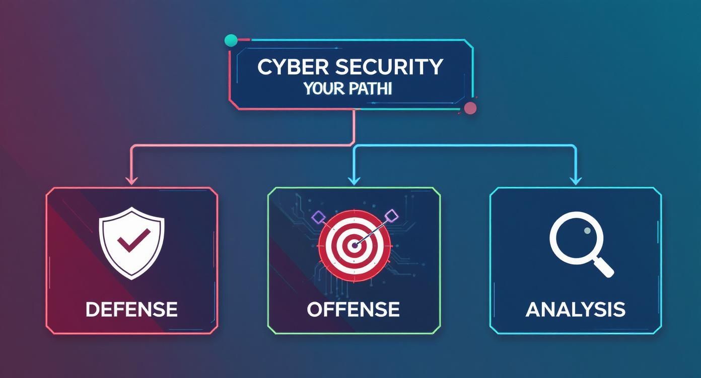Flowchart illustrating cyber security career paths including defense, offense, and analysis roles.