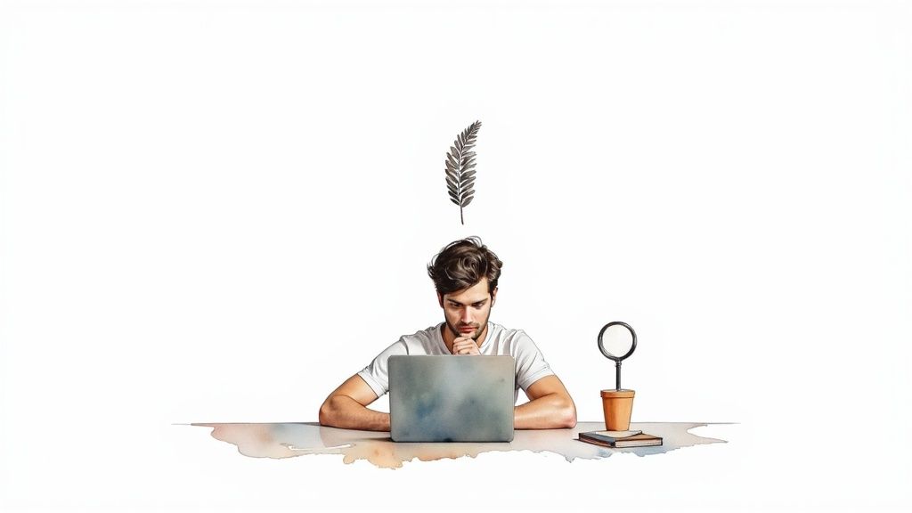 Watercolor illustration of a man working on a laptop, with a leaf symbolizing creativity and a magnifying glass.