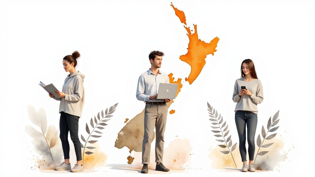 Three individuals interacting with a book, laptop, and phone, set against a watercolor map of New Zealand.