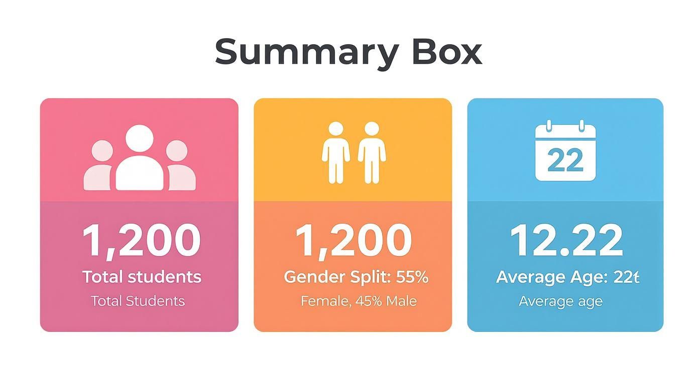 A summary box displaying student data: 1200 total students, gender split 55% female/45% male, and average age 12.22.